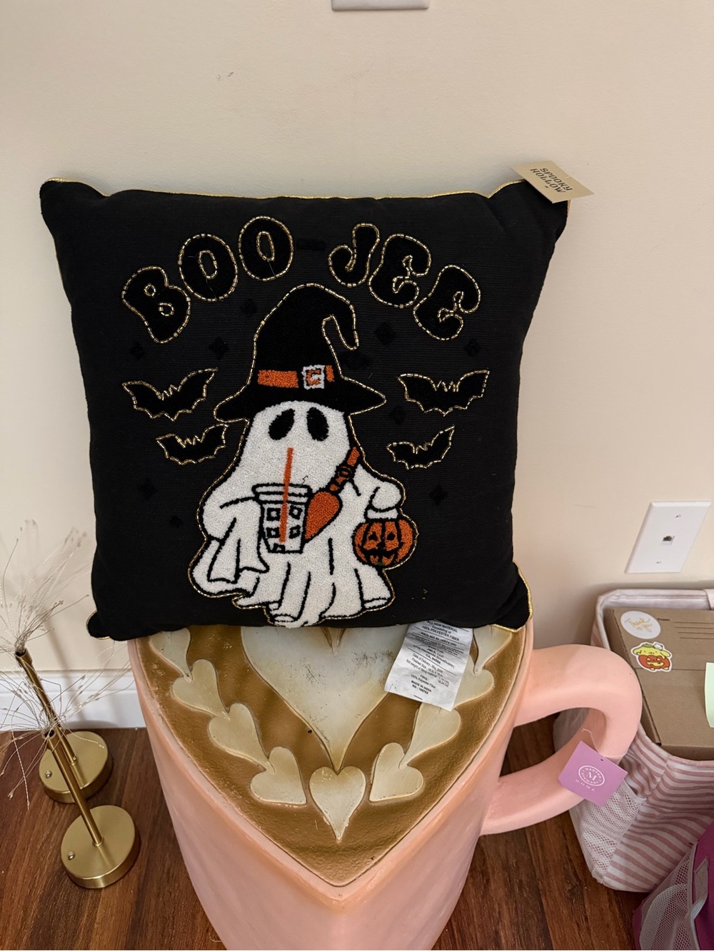 Spooky Hollow Halloween Boo Jee Ghost with Coffee & Bats Pillow